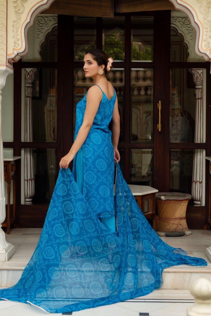 GULABI GALIYAN BLUE BANDHEJ STRIAGHT SUIT SET WITH GEORGETTE DUPATTA - Pomcha Jaipur