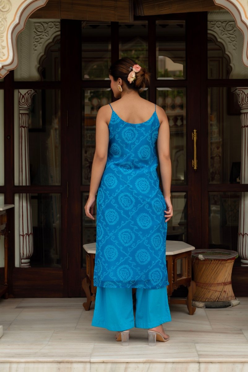 GULABI GALIYAN BLUE BANDHEJ STRIAGHT SUIT SET WITH GEORGETTE DUPATTA - Pomcha Jaipur