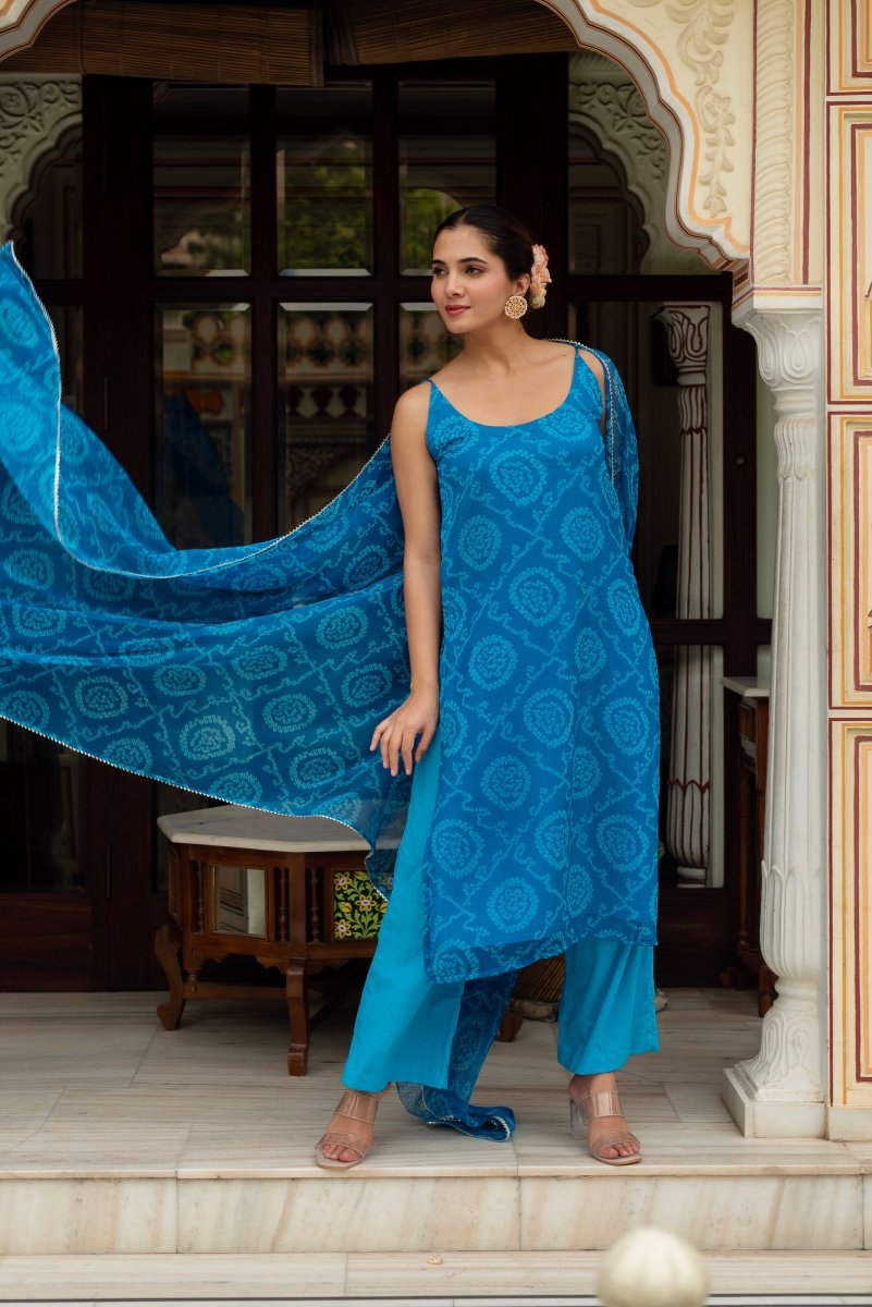 GULABI GALIYAN BLUE BANDHEJ STRIAGHT SUIT SET WITH GEORGETTE DUPATTA - Pomcha Jaipur