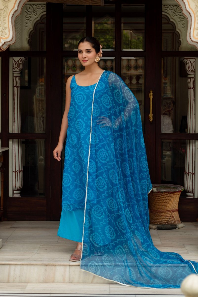 GULABI GALIYAN BLUE BANDHEJ STRIAGHT SUIT SET WITH GEORGETTE DUPATTA - Pomcha Jaipur