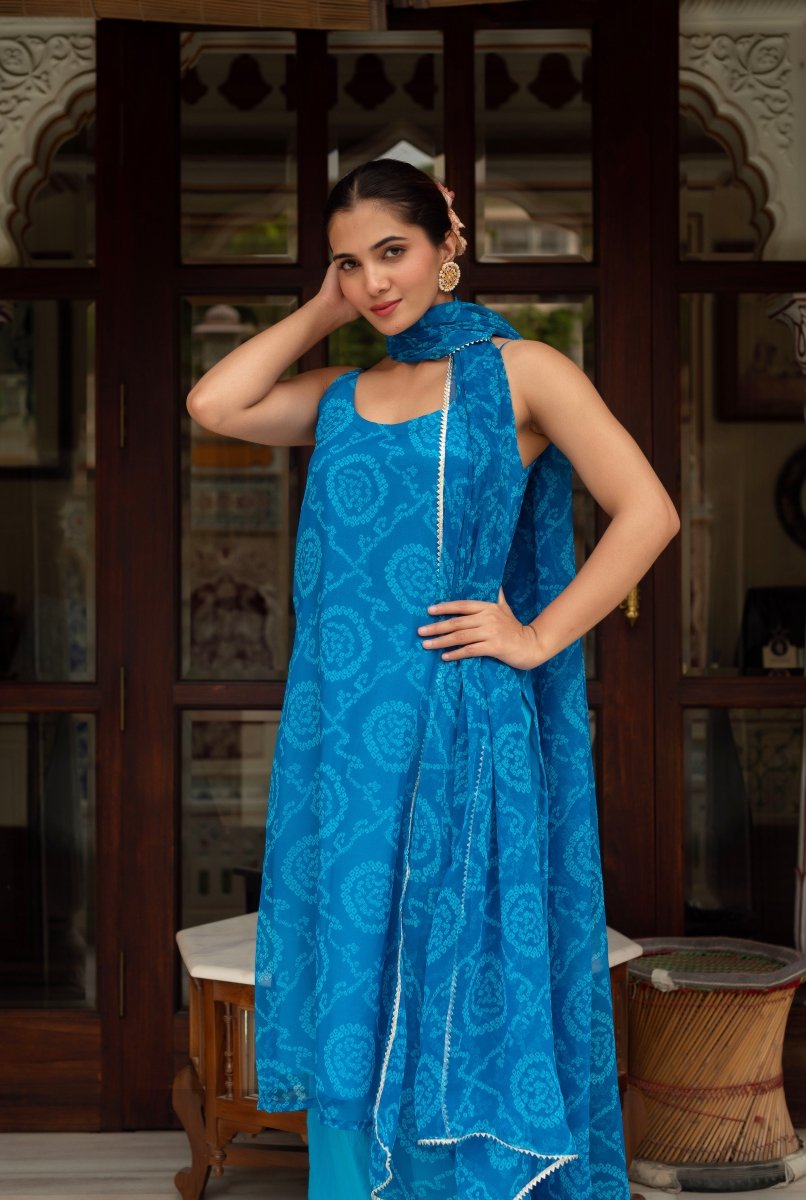 GULABI GALIYAN BLUE BANDHEJ STRIAGHT SUIT SET WITH GEORGETTE DUPATTA - Pomcha Jaipur