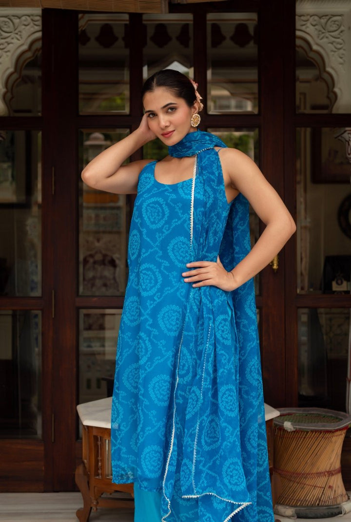 GULABI GALIYAN BLUE BANDHEJ STRIAGHT SUIT SET WITH GEORGETTE DUPATTA - Pomcha Jaipur