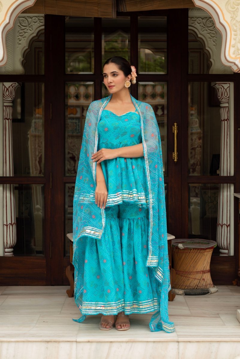 GULABI GALIYAN BLUE GEORGETTE BANDHEJ SHARARA SET WITH GEORGETTE DUPATTA - Pomcha Jaipur