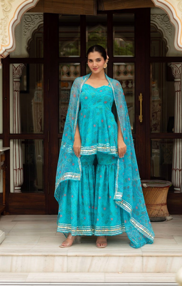 GULABI GALIYAN BLUE GEORGETTE BANDHEJ SHARARA SET WITH GEORGETTE DUPATTA - Pomcha Jaipur