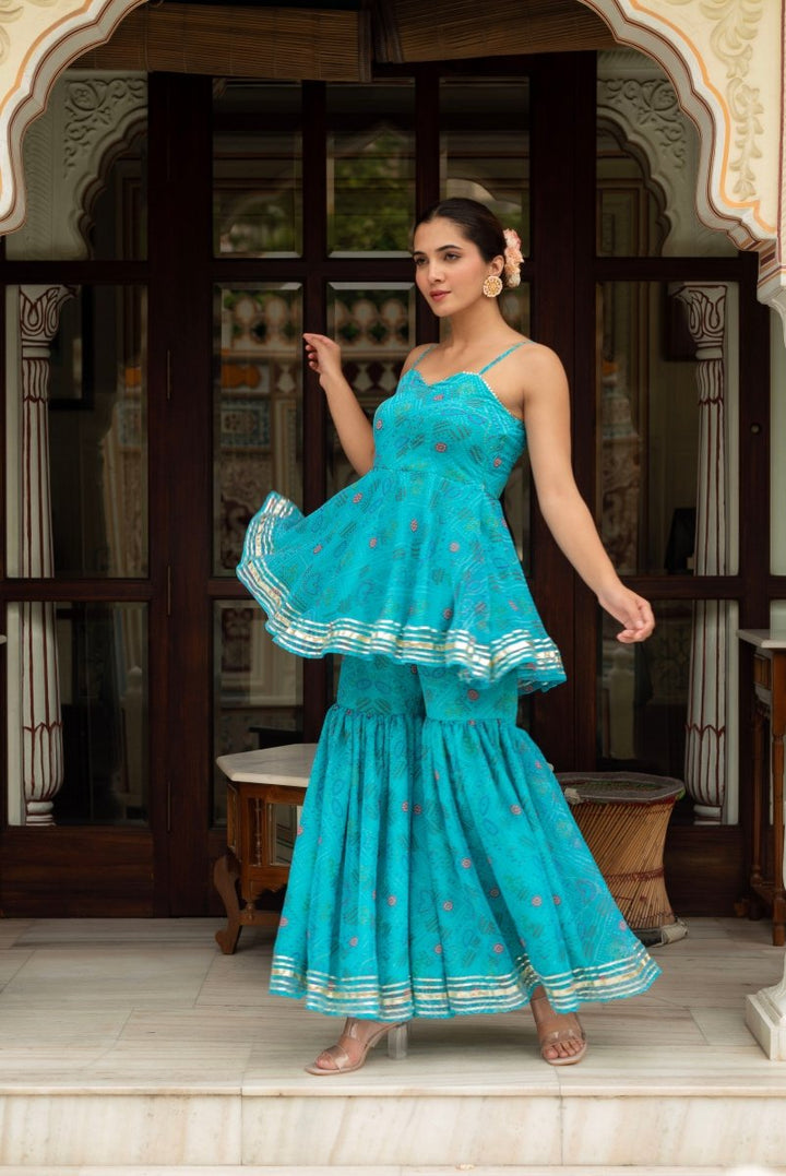 GULABI GALIYAN BLUE GEORGETTE BANDHEJ SHARARA SET WITH GEORGETTE DUPATTA - Pomcha Jaipur