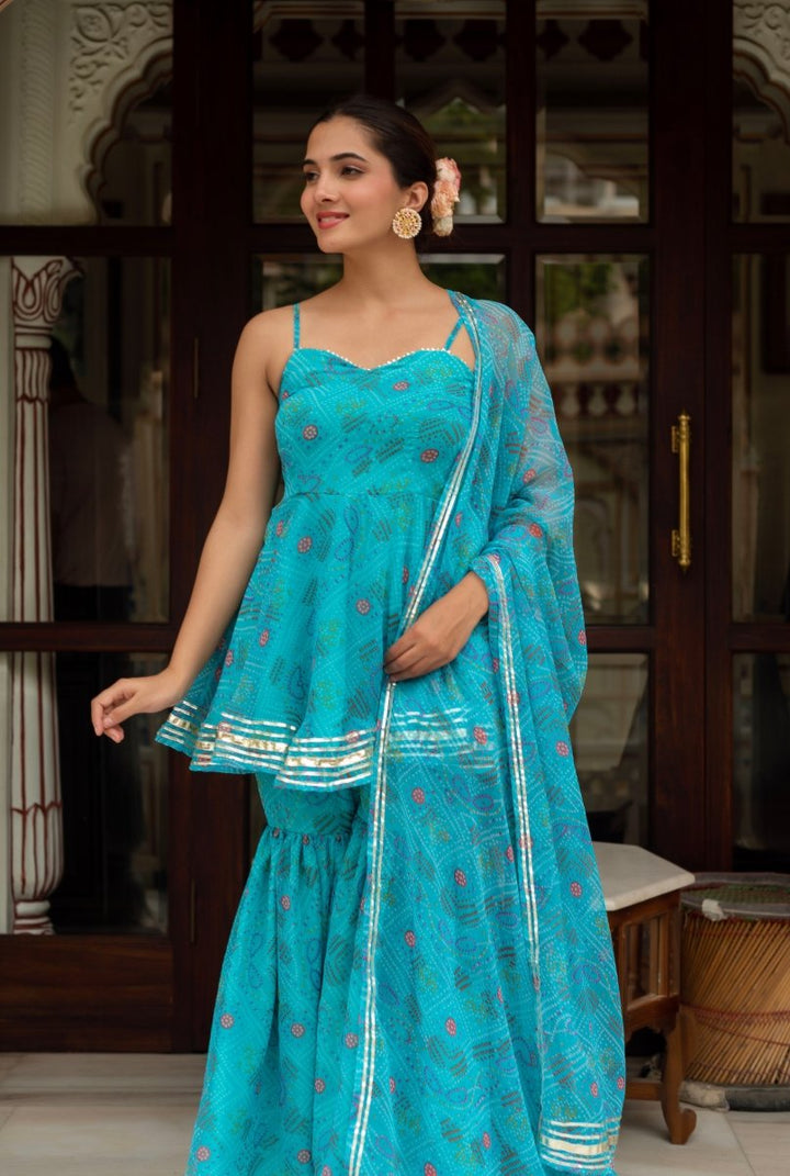 GULABI GALIYAN BLUE GEORGETTE BANDHEJ SHARARA SET WITH GEORGETTE DUPATTA - Pomcha Jaipur