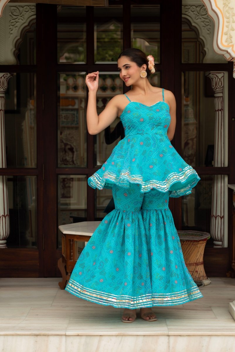GULABI GALIYAN BLUE GEORGETTE BANDHEJ SHARARA SET WITH GEORGETTE DUPATTA - Pomcha Jaipur