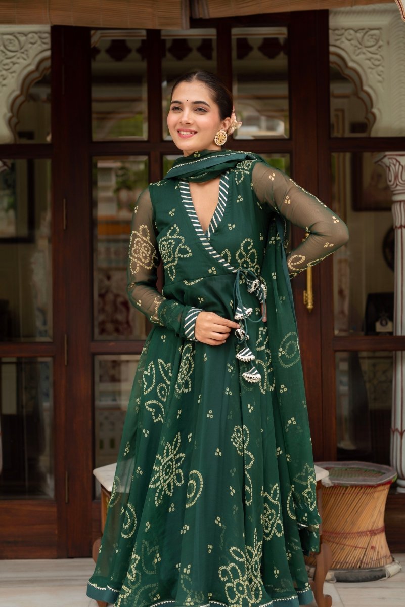 GULABI GALIYAN BOTTLE GREEN BANDHEJ GEORGETTE ANGRAKHA SET WITH GEORGETTE DUPATTA - Pomcha Jaipur