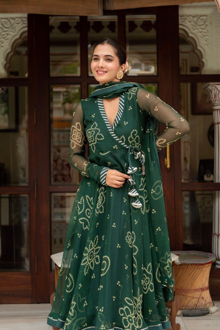 GULABI GALIYAN BOTTLE GREEN BANDHEJ GEORGETTE ANGRAKHA SET WITH GEORGETTE DUPATTA - Pomcha Jaipur