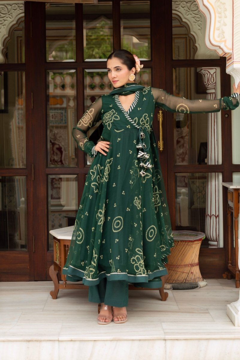 GULABI GALIYAN BOTTLE GREEN BANDHEJ GEORGETTE ANGRAKHA SET WITH GEORGETTE DUPATTA - Pomcha Jaipur