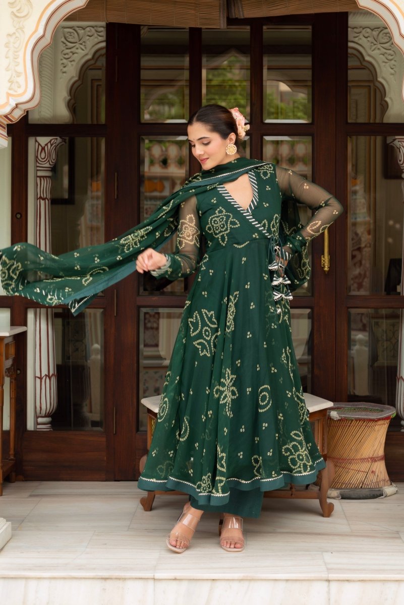 GULABI GALIYAN BOTTLE GREEN BANDHEJ GEORGETTE ANGRAKHA SET WITH GEORGETTE DUPATTA - Pomcha Jaipur