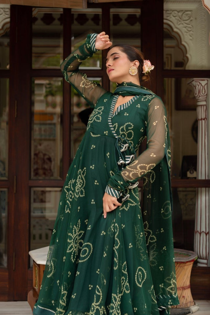 GULABI GALIYAN BOTTLE GREEN BANDHEJ GEORGETTE ANGRAKHA SET WITH GEORGETTE DUPATTA - Pomcha Jaipur