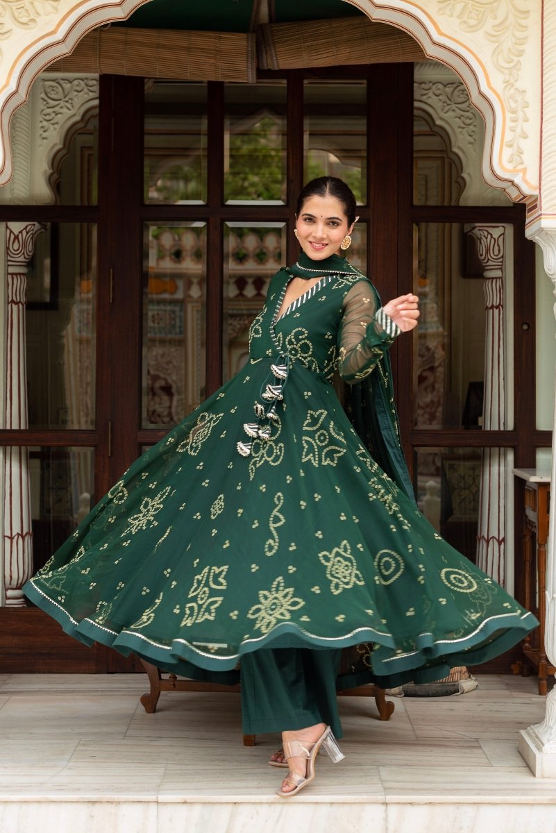 GULABI GALIYAN BOTTLE GREEN BANDHEJ GEORGETTE ANGRAKHA SET WITH GEORGETTE DUPATTA - Pomcha Jaipur
