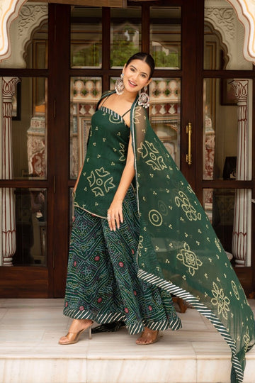 GULABI GALIYAN BOTTLE GREEN BANDHEJ GEORGETTE SHORT KURTA PLAZO SET WITH GEORGETTE DUPATTA - Pomcha Jaipur