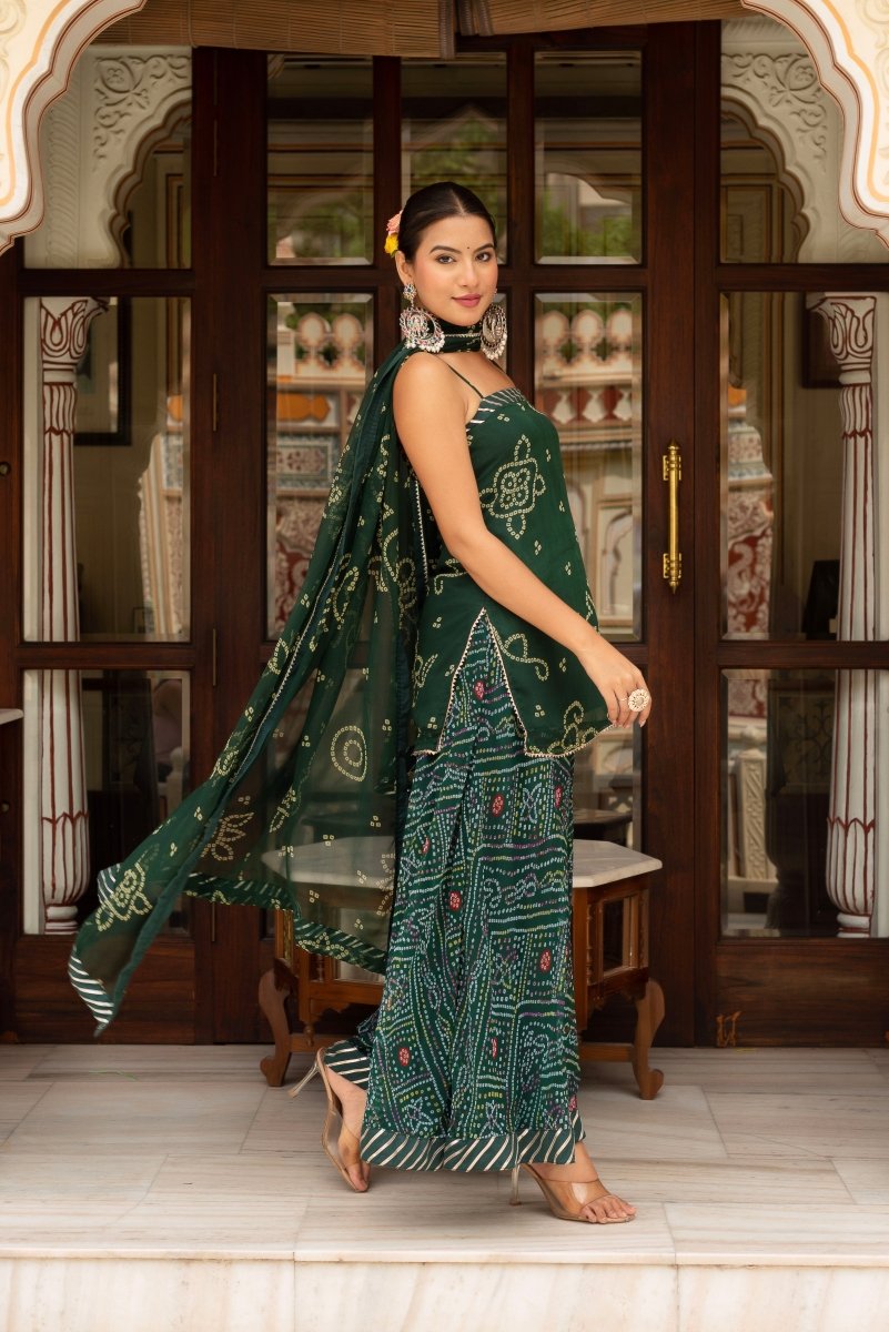 GULABI GALIYAN BOTTLE GREEN BANDHEJ GEORGETTE SHORT KURTA PLAZO SET WITH GEORGETTE DUPATTA - Pomcha Jaipur