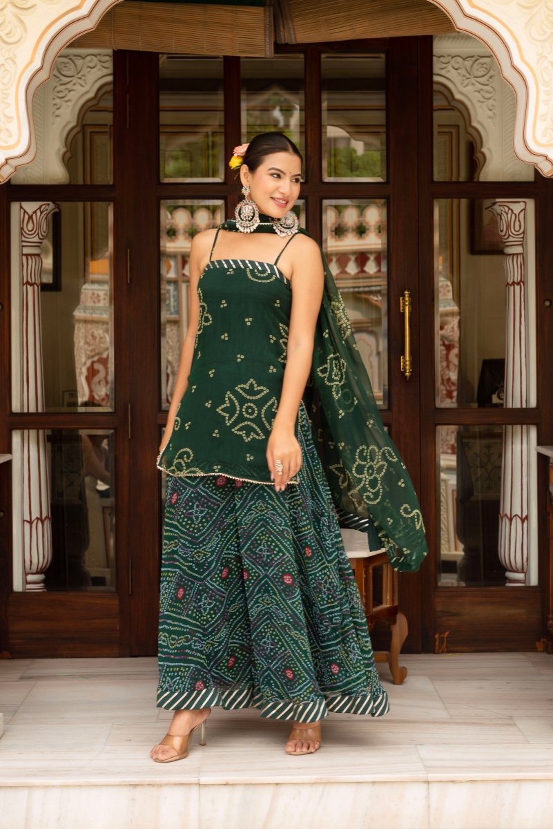 GULABI GALIYAN BOTTLE GREEN BANDHEJ GEORGETTE SHORT KURTA PLAZO SET WITH GEORGETTE DUPATTA - Pomcha Jaipur
