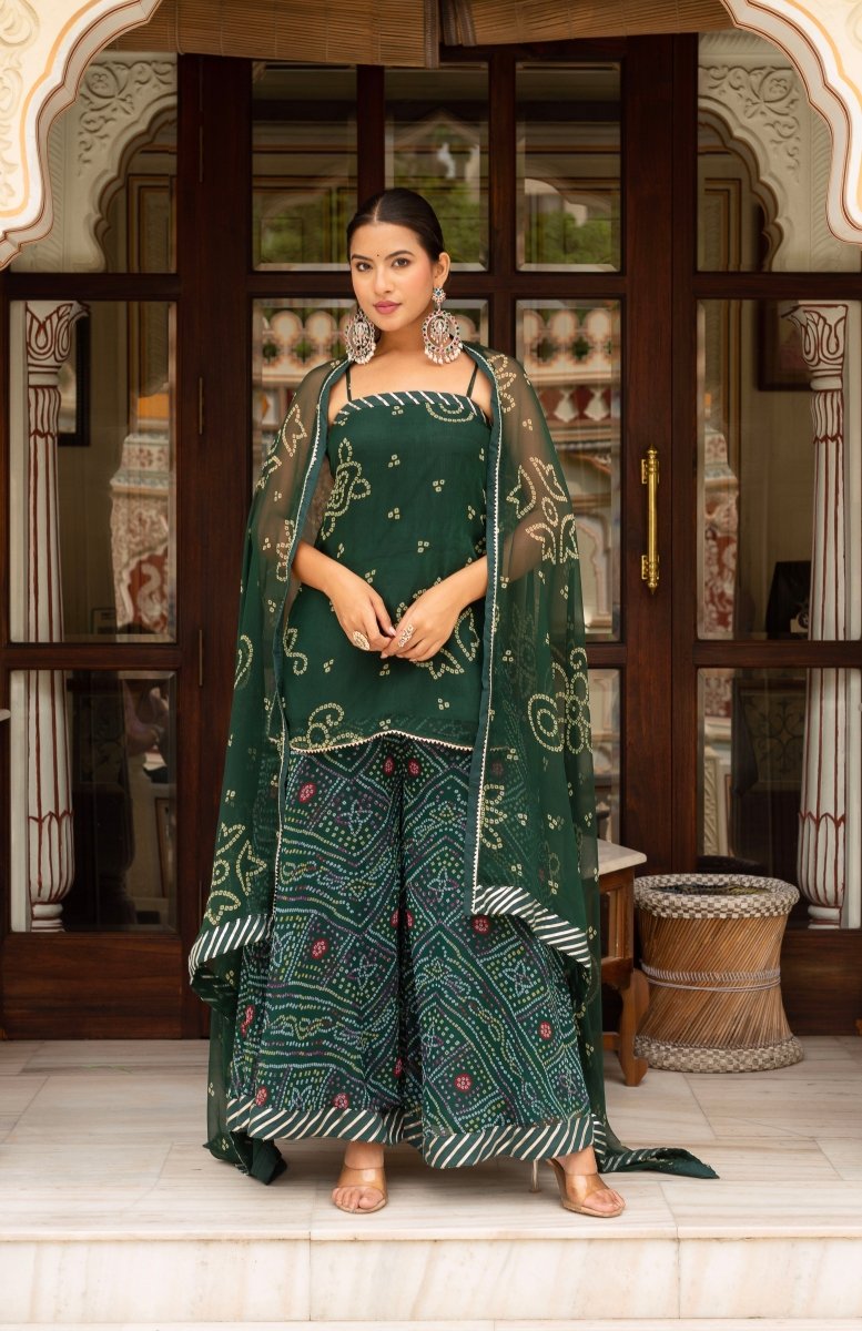 GULABI GALIYAN BOTTLE GREEN BANDHEJ GEORGETTE SHORT KURTA PLAZO SET WITH GEORGETTE DUPATTA - Pomcha Jaipur