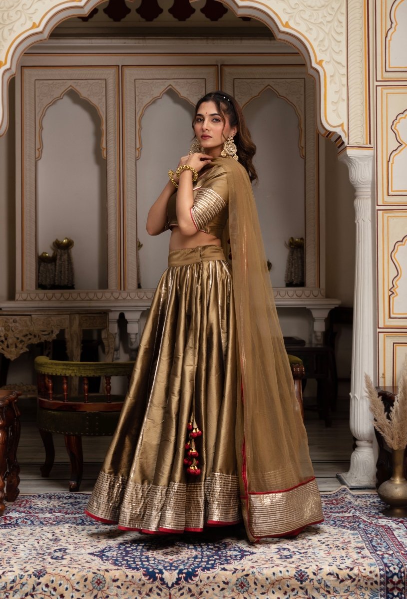 GULABI GALIYAN DUST GOLD TAFFETA SILK GOTA PATTI LEHENGA SET WITH SOFT NET DUPATTA - Pomcha Jaipur