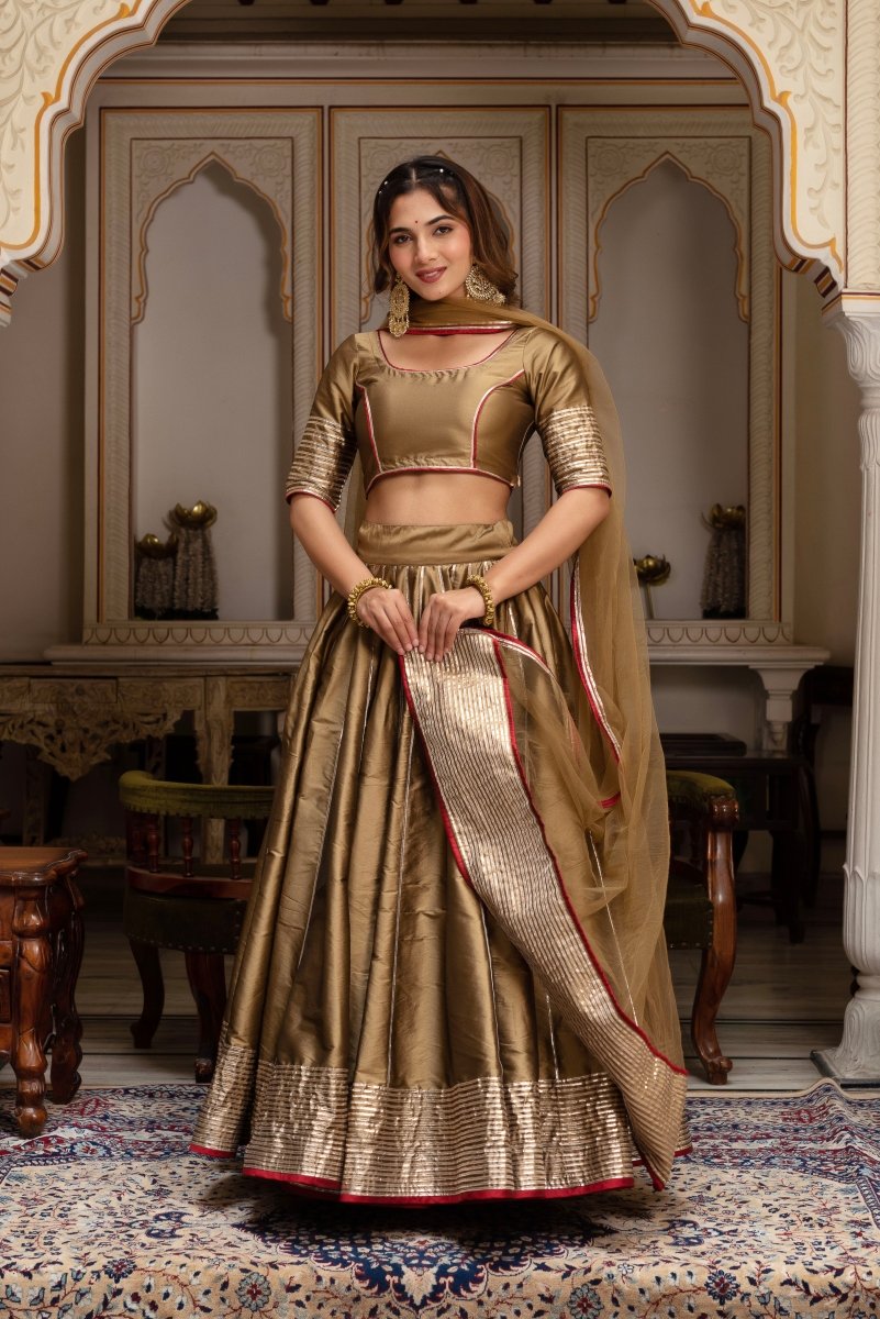 GULABI GALIYAN DUST GOLD TAFFETA SILK GOTA PATTI LEHENGA SET WITH SOFT NET DUPATTA - Pomcha Jaipur