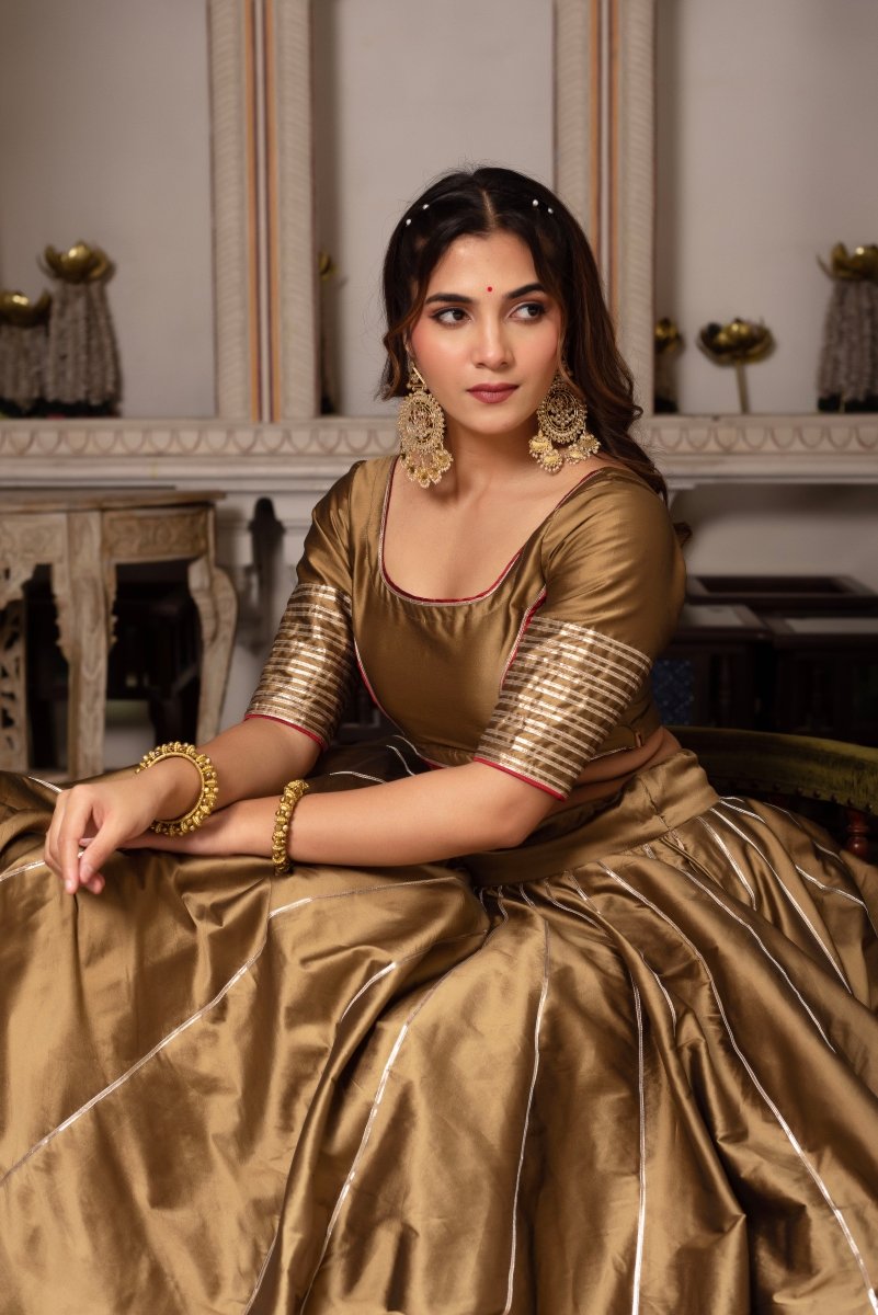 GULABI GALIYAN DUST GOLD TAFFETA SILK GOTA PATTI LEHENGA SET WITH SOFT NET DUPATTA - Pomcha Jaipur