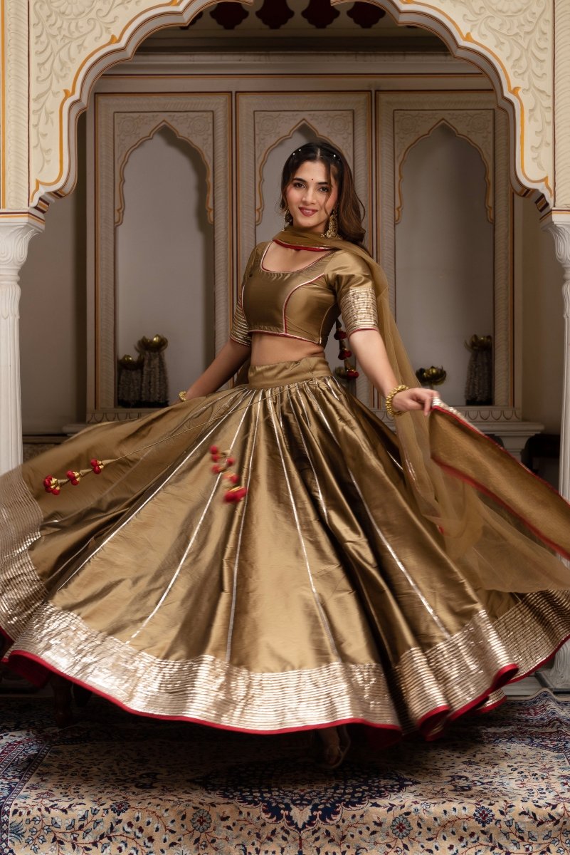 GULABI GALIYAN DUST GOLD TAFFETA SILK GOTA PATTI LEHENGA SET WITH SOFT NET DUPATTA - Pomcha Jaipur