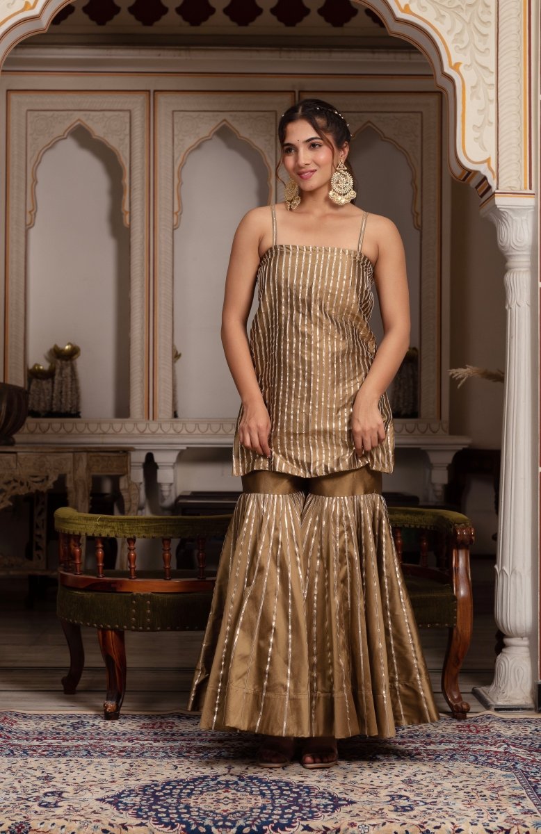 GULABI GALIYAN DUST GOLD TAFFETA SILK GOTA PATTI SHARARA SET WITH SOFT NET DUPATTA - Pomcha Jaipur