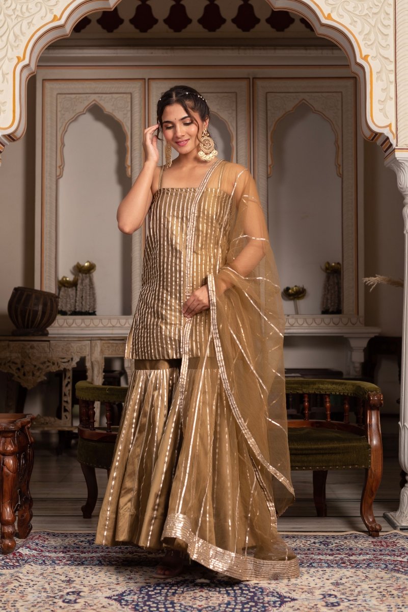 GULABI GALIYAN DUST GOLD TAFFETA SILK GOTA PATTI SHARARA SET WITH SOFT NET DUPATTA - Pomcha Jaipur