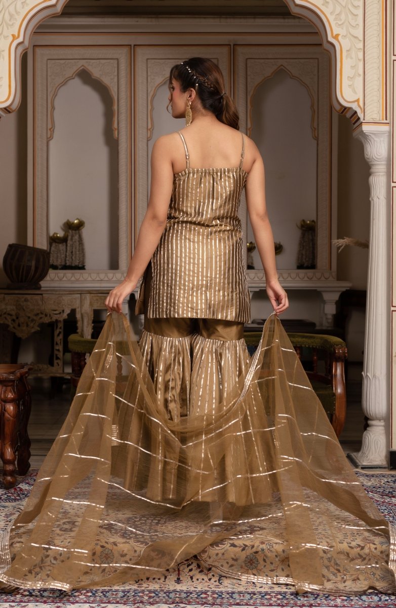 GULABI GALIYAN DUST GOLD TAFFETA SILK GOTA PATTI SHARARA SET WITH SOFT NET DUPATTA - Pomcha Jaipur