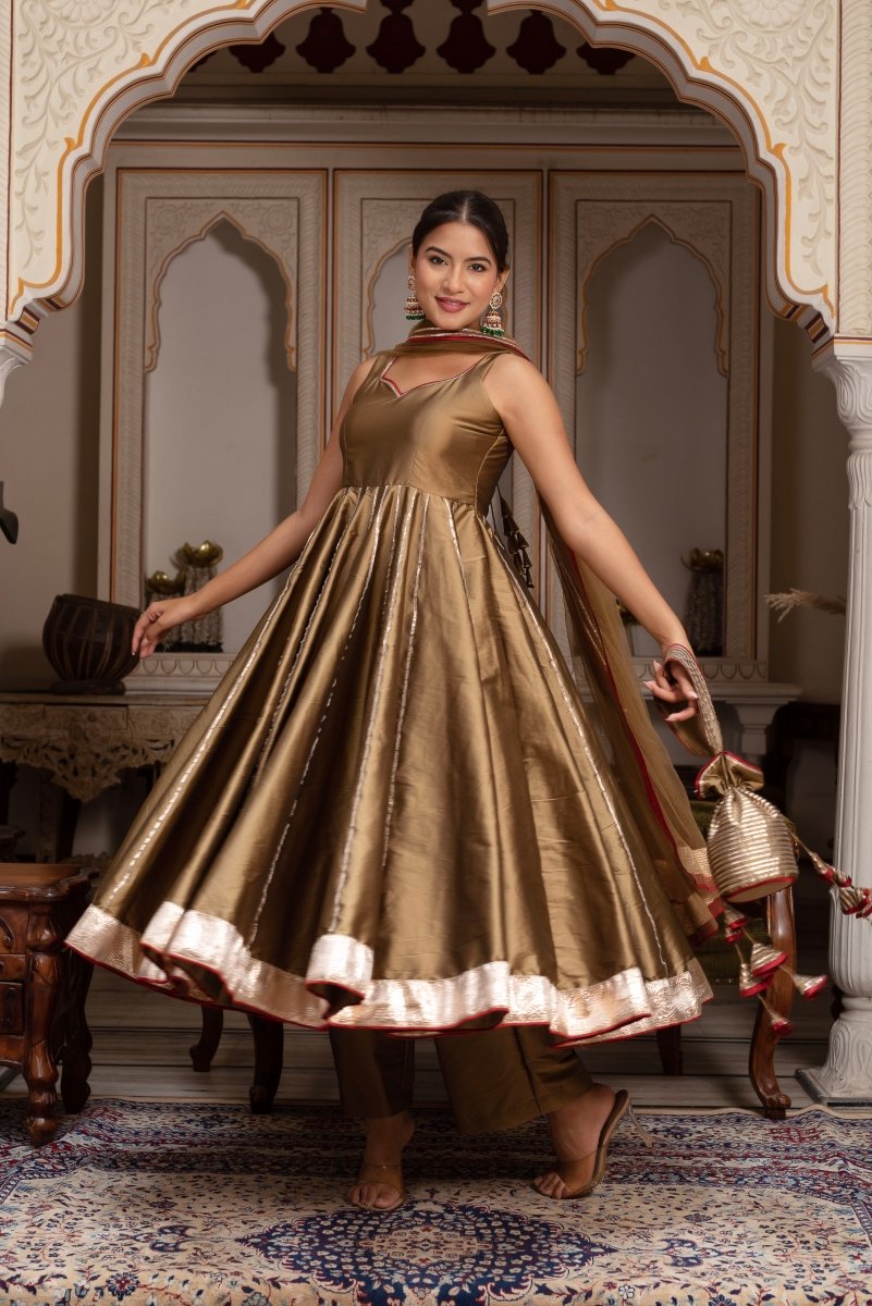 GULABI GALIYAN GOLD DUST TAFFETA SILKGOTA PATTI ANARKALI SET WITH SOFT NET DUPATTA - Pomcha Jaipur