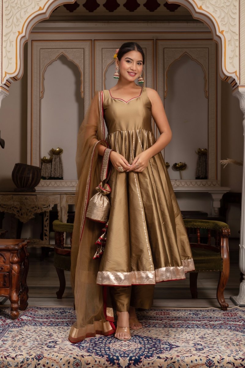 GULABI GALIYAN GOLD DUST TAFFETA SILKGOTA PATTI ANARKALI SET WITH SOFT NET DUPATTA - Pomcha Jaipur