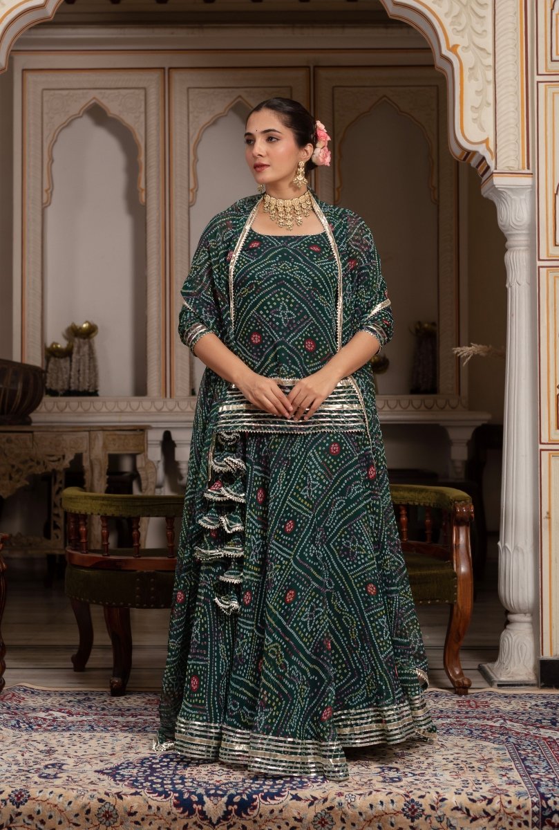 GULABI GALIYAN GREEN GEORGETTE BANDHEJ GOTA PATTI SKIRT SET WITH GEORGETTE DUPATTA - Pomcha Jaipur