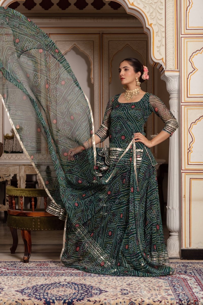 GULABI GALIYAN GREEN GEORGETTE BANDHEJ GOTA PATTI SKIRT SET WITH GEORGETTE DUPATTA - Pomcha Jaipur