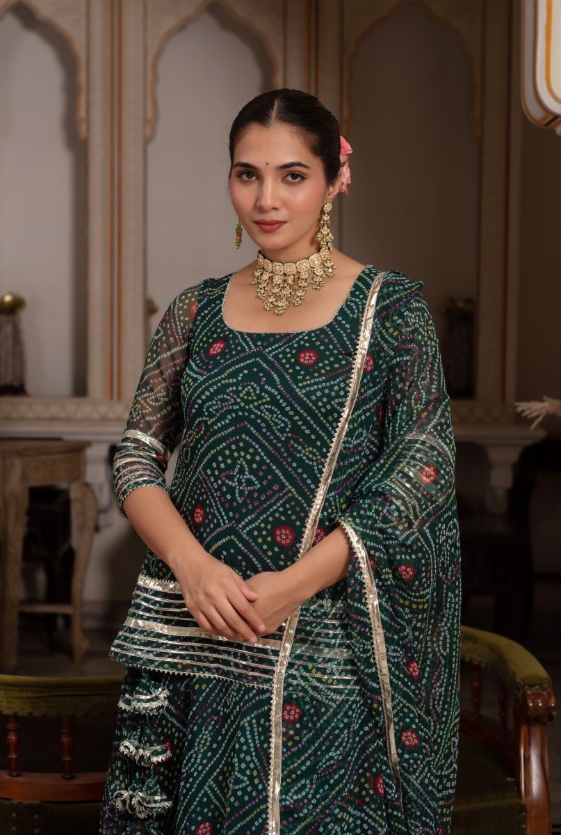GULABI GALIYAN GREEN GEORGETTE BANDHEJ GOTA PATTI SKIRT SET WITH GEORGETTE DUPATTA - Pomcha Jaipur