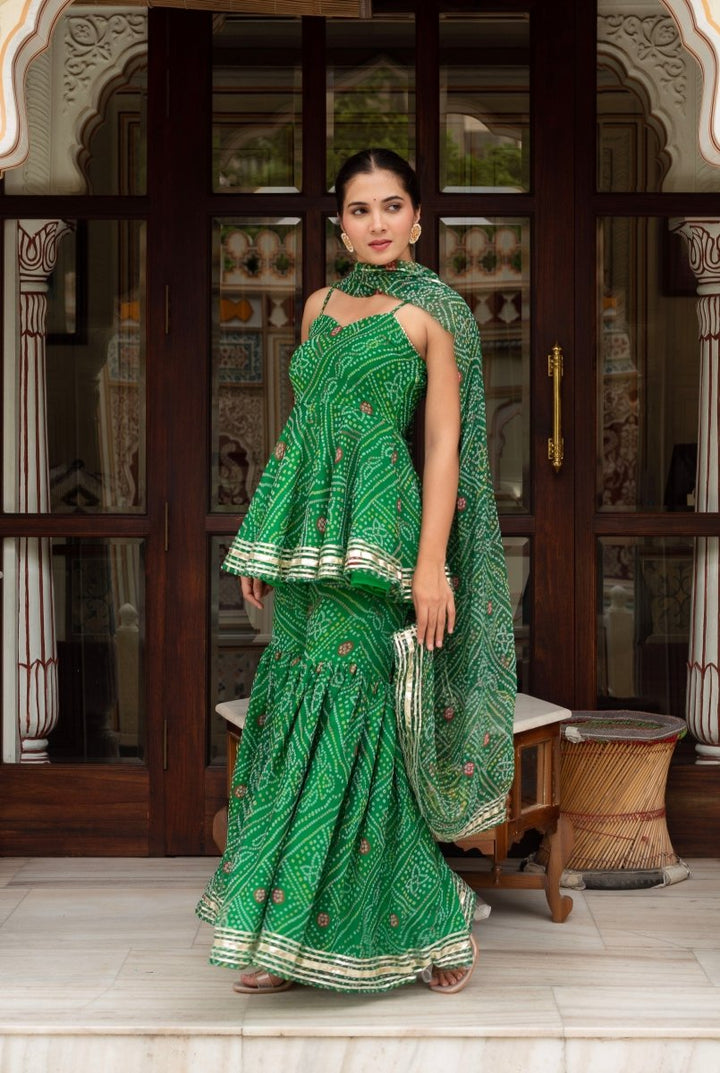 GULABI GALIYAN GREEN GEORGETTE BANDHEJ SHARARA SET WITH GEORGETTE DUPATTA - Pomcha Jaipur