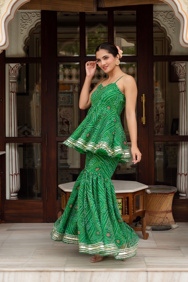GULABI GALIYAN GREEN GEORGETTE BANDHEJ SHARARA SET WITH GEORGETTE DUPATTA - Pomcha Jaipur