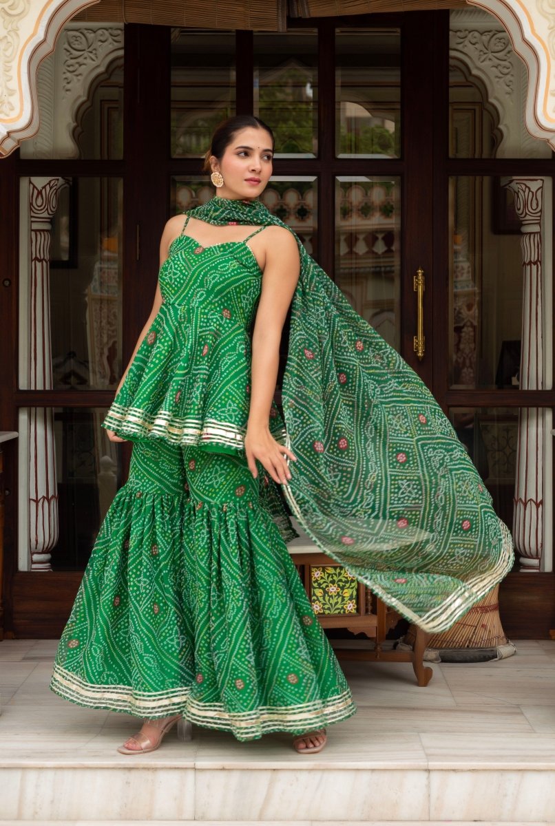 GULABI GALIYAN GREEN GEORGETTE BANDHEJ SHARARA SET WITH GEORGETTE DUPATTA - Pomcha Jaipur