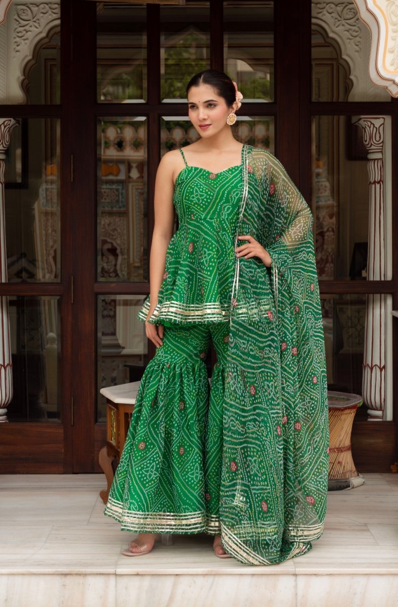 GULABI GALIYAN GREEN GEORGETTE BANDHEJ SHARARA SET WITH GEORGETTE DUPATTA - Pomcha Jaipur