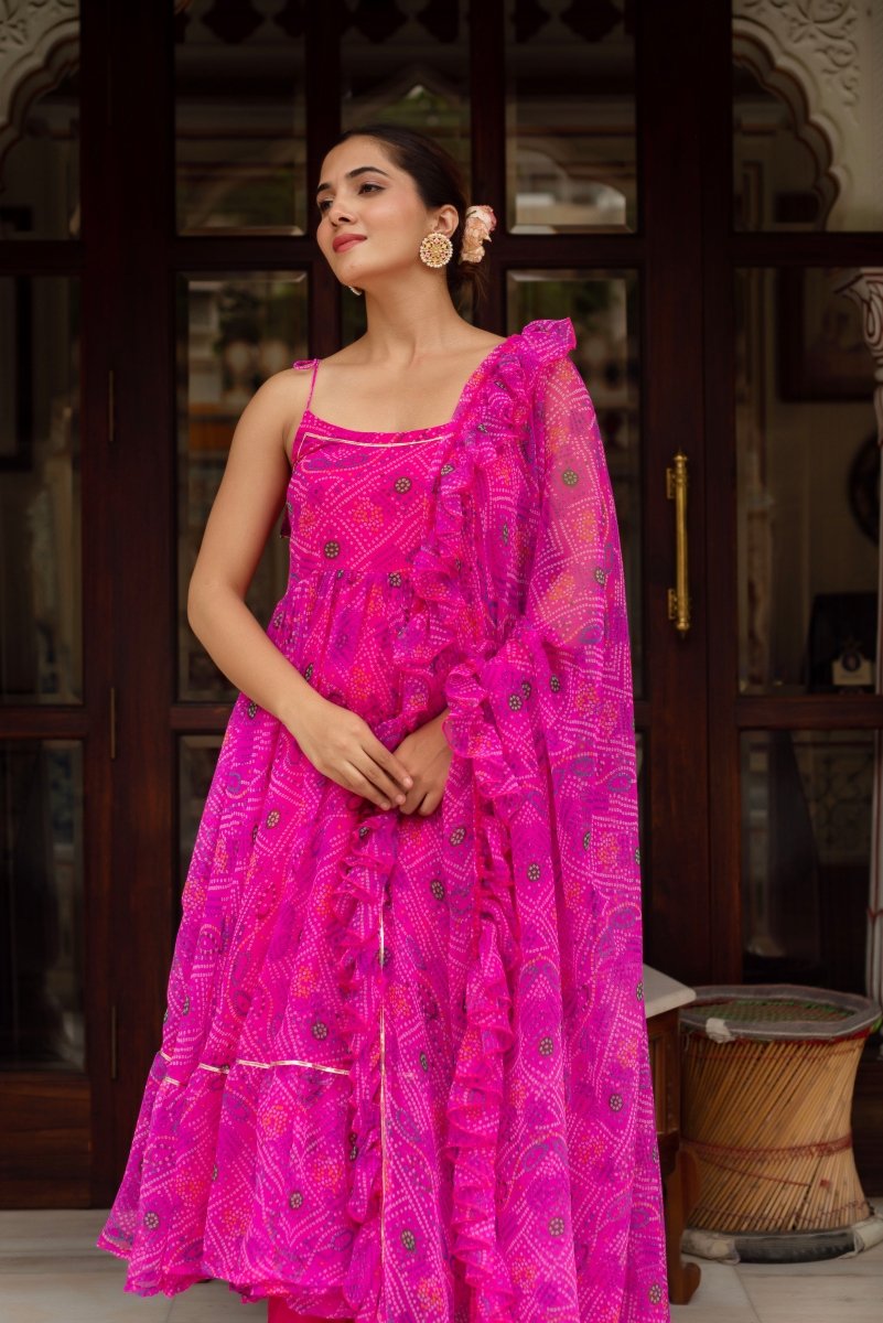 GULABI GALIYAN GULAAL PINK BANDHEJ GEORGETTE ANARKALI SET WITH GEORGETTE DUPATTA - Pomcha Jaipur