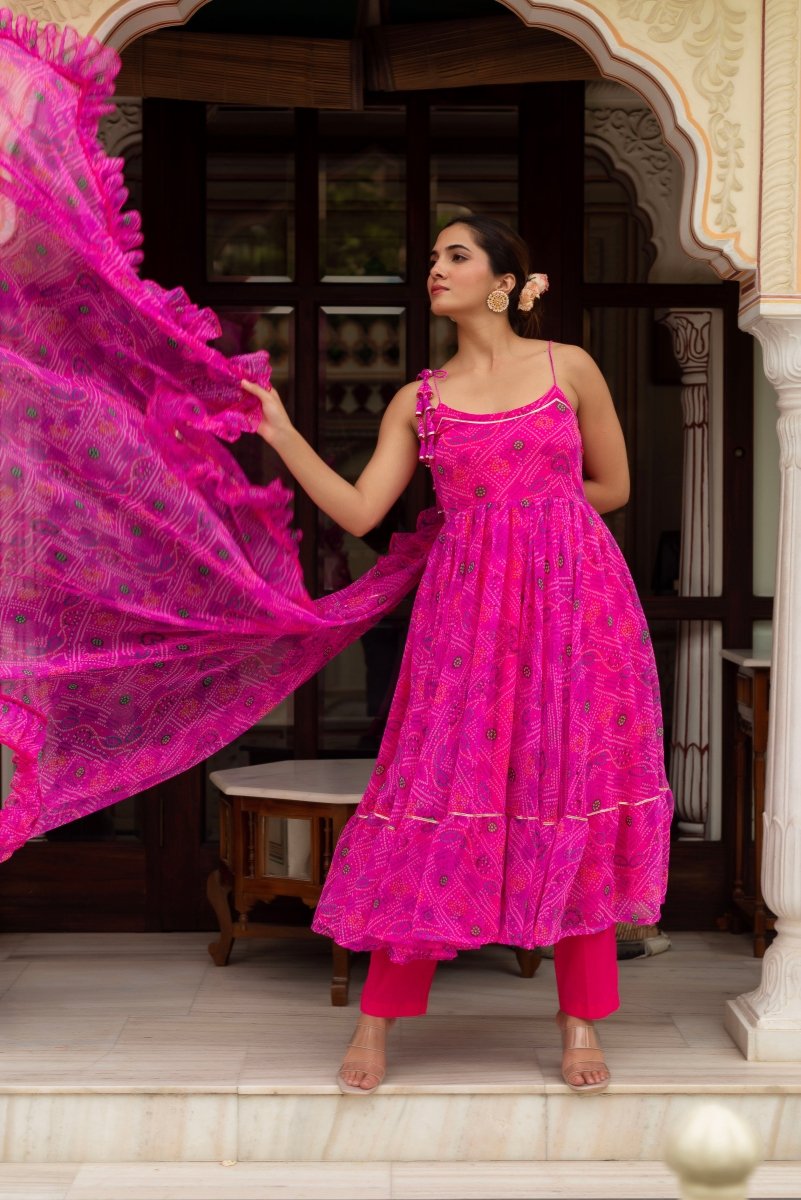 GULABI GALIYAN GULAAL PINK BANDHEJ GEORGETTE ANARKALI SET WITH GEORGETTE DUPATTA - Pomcha Jaipur