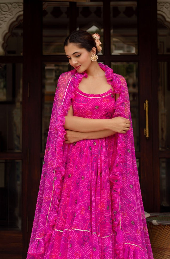 GULABI GALIYAN GULAAL PINK BANDHEJ GEORGETTE ANARKALI SET WITH GEORGETTE DUPATTA - Pomcha Jaipur