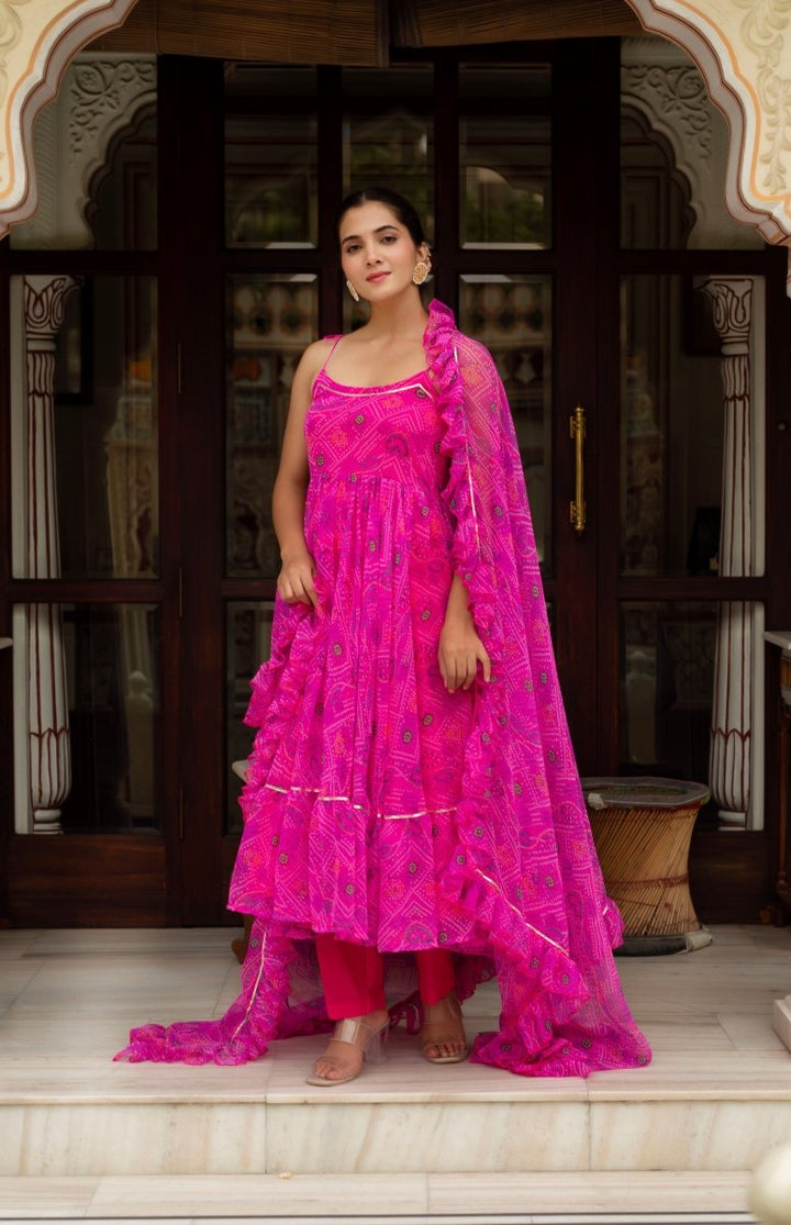 GULABI GALIYAN GULAAL PINK BANDHEJ GEORGETTE ANARKALI SET WITH GEORGETTE DUPATTA - Pomcha Jaipur