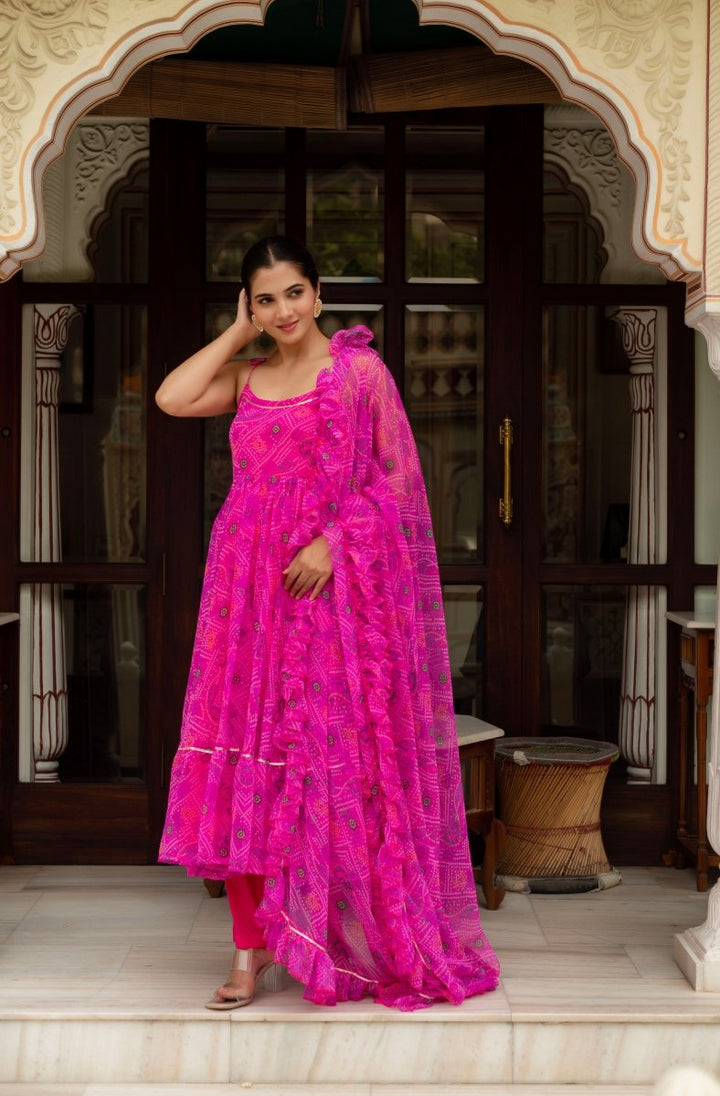 GULABI GALIYAN GULAAL PINK BANDHEJ GEORGETTE ANARKALI SET WITH GEORGETTE DUPATTA - Pomcha Jaipur