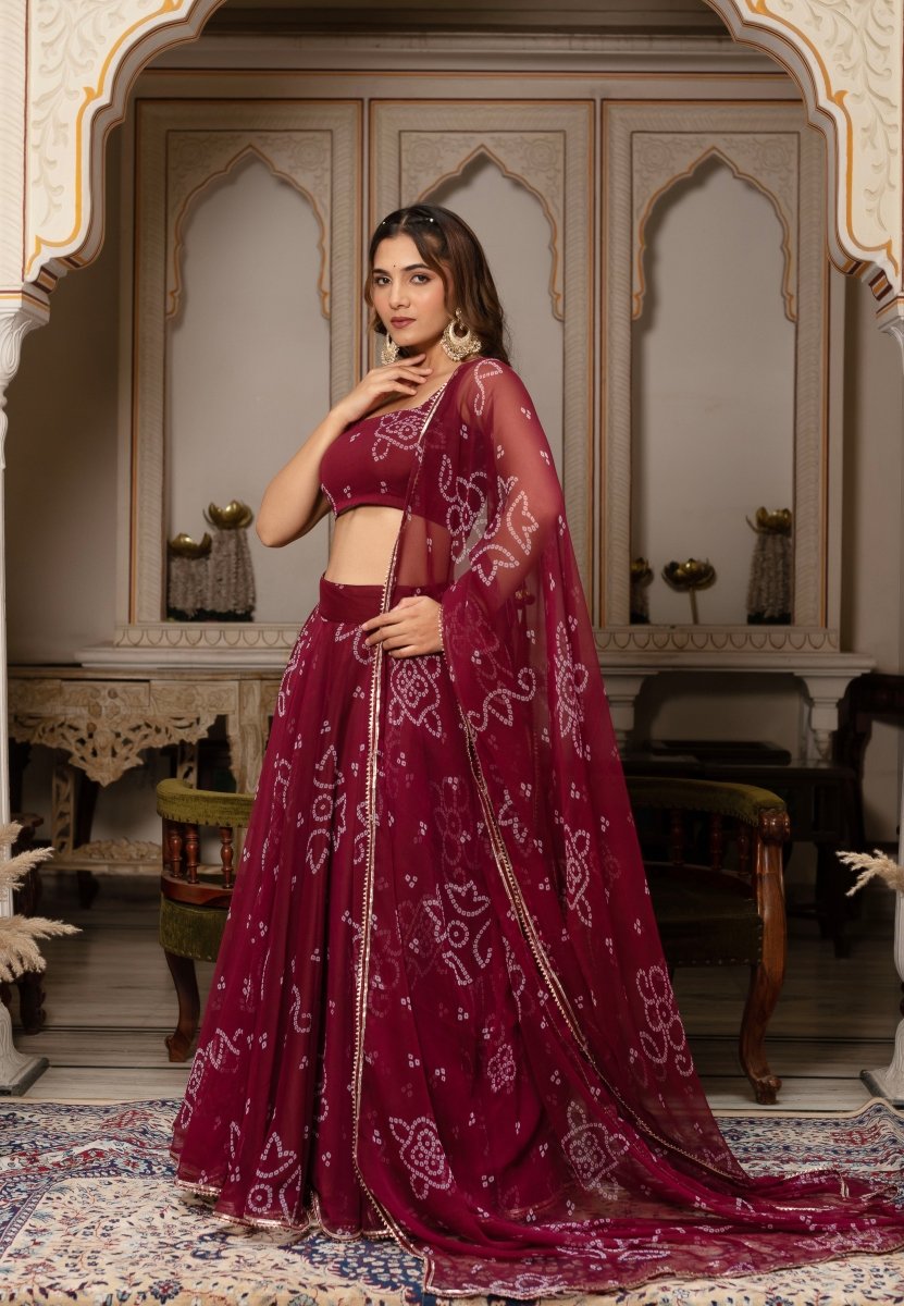 GULABI GALIYAN MAROON BANDHEJ GOTA PATTI GEORGETTE LEHENGA SET - Pomcha Jaipur
