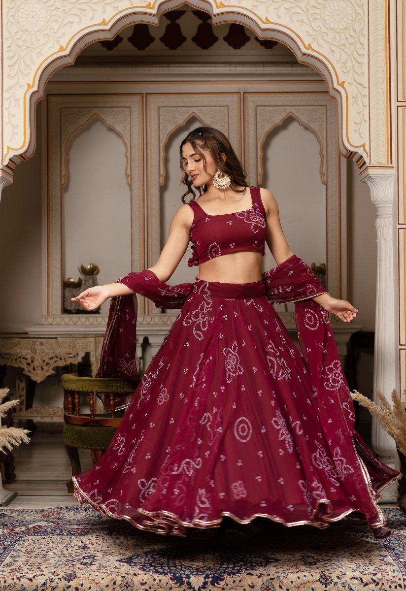 GULABI GALIYAN MAROON BANDHEJ GOTA PATTI GEORGETTE LEHENGA SET - Pomcha Jaipur