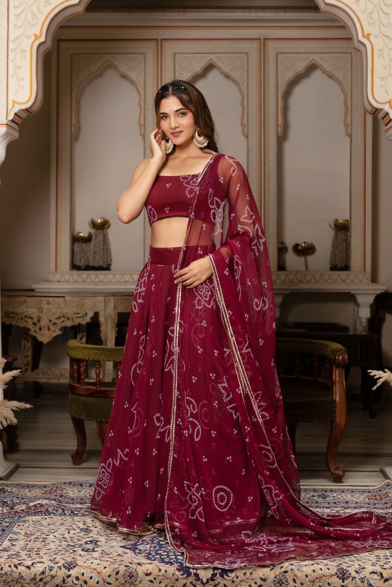 GULABI GALIYAN MAROON BANDHEJ GOTA PATTI GEORGETTE LEHENGA SET - Pomcha Jaipur