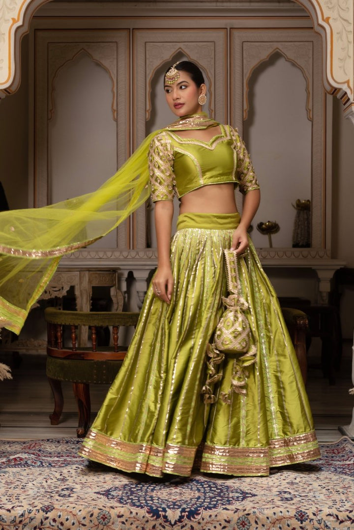 GULABI GALIYAN MEERA GULAAL GREEN GOTA PATTI TAFFETS SILK LEHENGA SET WITH SOFT NET DUPATTA - Pomcha Jaipur