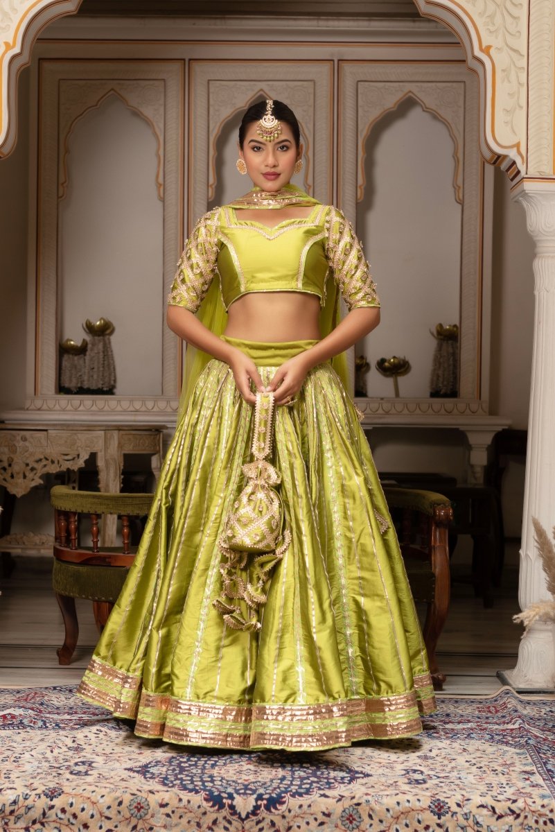 GULABI GALIYAN MEERA GULAAL GREEN GOTA PATTI TAFFETS SILK LEHENGA SET WITH SOFT NET DUPATTA - Pomcha Jaipur