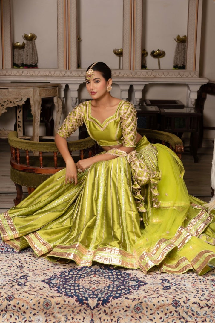GULABI GALIYAN MEERA GULAAL GREEN GOTA PATTI TAFFETS SILK LEHENGA SET WITH SOFT NET DUPATTA - Pomcha Jaipur