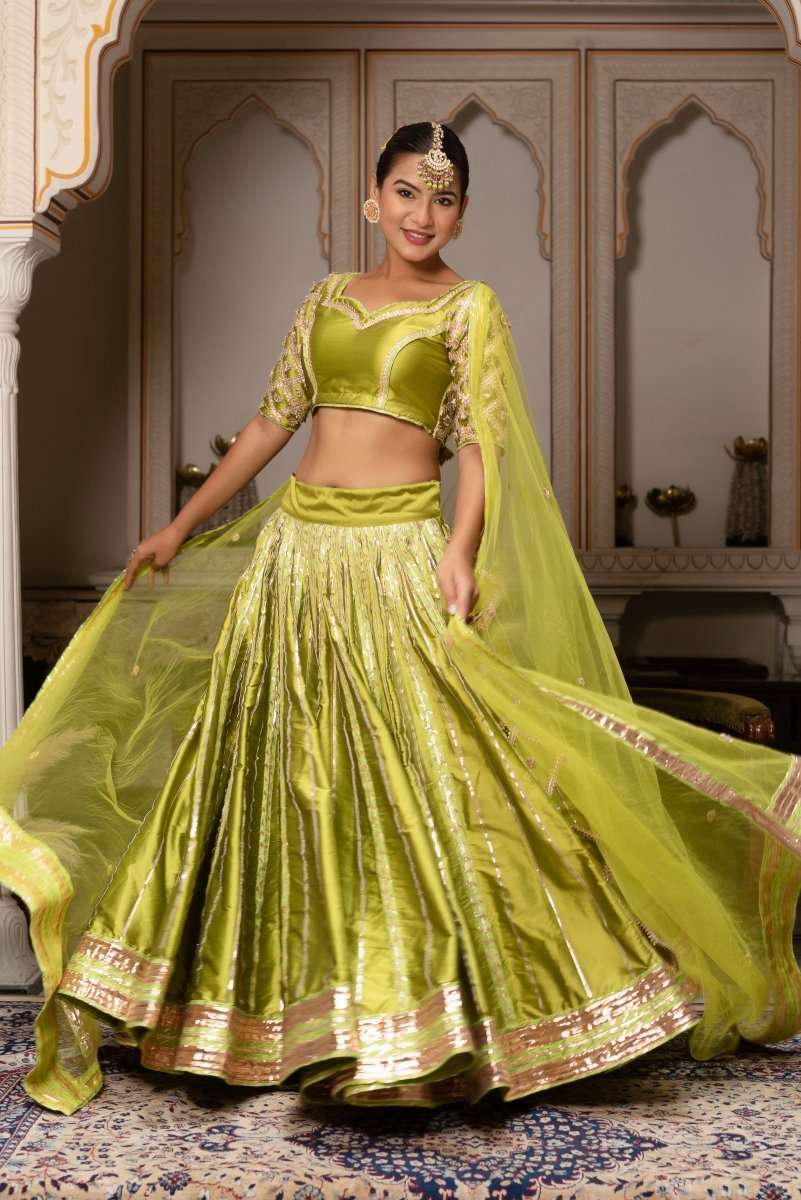 GULABI GALIYAN MEERA GULAAL GREEN GOTA PATTI TAFFETS SILK LEHENGA SET WITH SOFT NET DUPATTA - Pomcha Jaipur