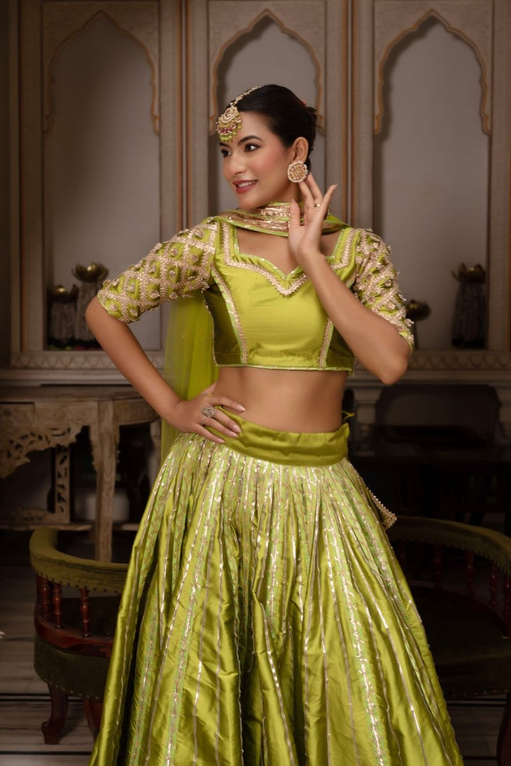 GULABI GALIYAN MEERA GULAAL GREEN GOTA PATTI TAFFETS SILK LEHENGA SET WITH SOFT NET DUPATTA - Pomcha Jaipur